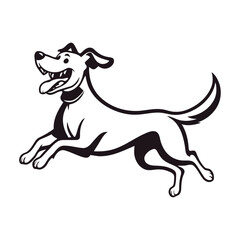 A black and white vector silhouette of a dog happily running with its tail wagging, full of life, on a clean white background