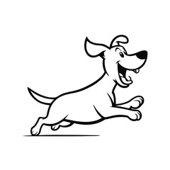 A simple black and white vector illustration of an energetic dog in motion, jumping and playing on a white background