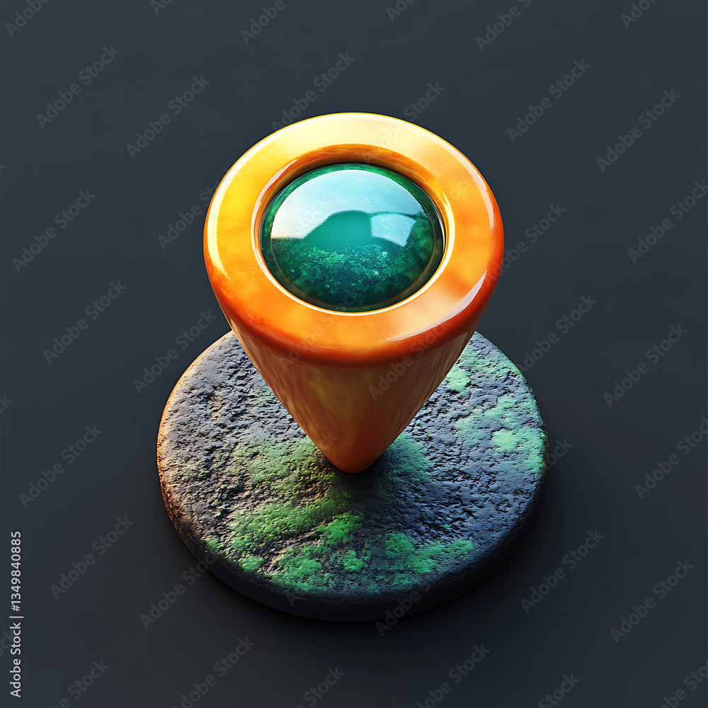 Poster minimalist location pin icon with circular base, featuring glossy green orb at top. design combines 