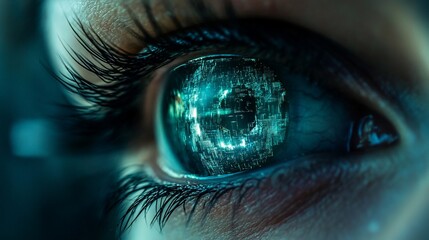Woman's eye, digital data, future tech, close-up, dark background, AI concept