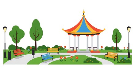 Stylized Public Park Scene with Gazebo, Benches, and Colorful Flowers