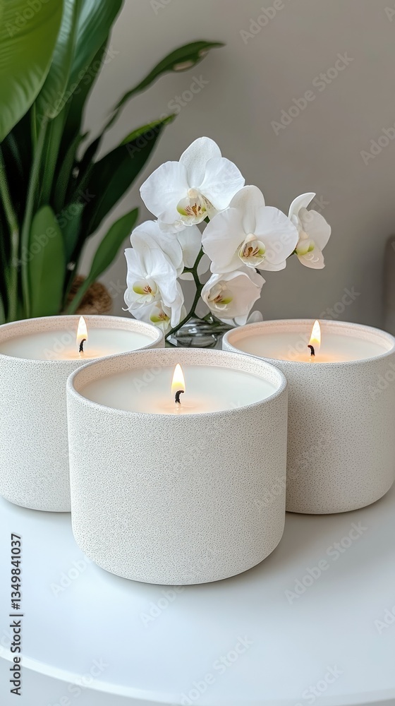 Poster tranquil setting with three lit candles and an elegant orchid arrangement on a smooth table in a ser