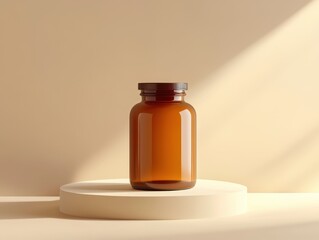 Amber Pill Bottle: A sleek amber-colored pill bottle stands on a minimalistic pedestal, casting delicate shadows across a backdrop, exuding a sense of health and wellness.