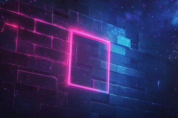 Neon square frame on a brick wall, glowing in blue and pink, with abstract cosmic background.  Use for posters, games, or digital art