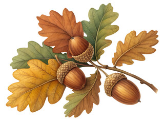 Realistic Oak Leaves & Acorns Isolated PNG – Autumn Botanical Illustration