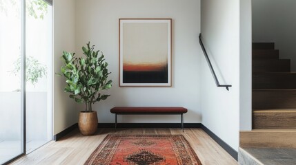Modern hallway with art, plant, and bench