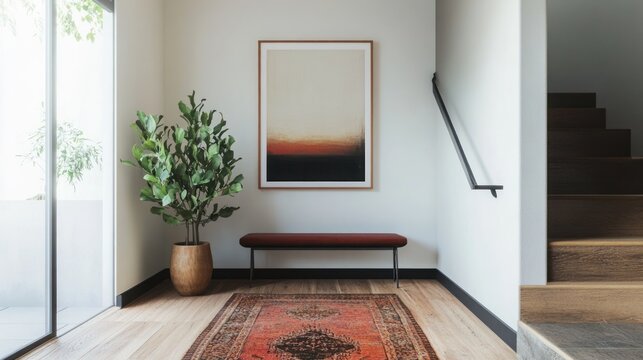 Modern hallway with art, plant, and bench