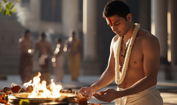 Young man in prayerful posture, offering fire