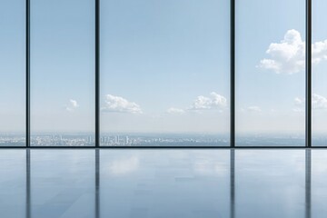 giant panoramic frame sweeping urban skyline under cloudless blue sky cityscape visible beyond