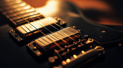 Close-up electric guitar, warm lighting, studio, music