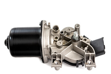 Auto parts for car repairs. An electric motor with a gearbox and a spline rod for the car wiper blade mechanism. A detail for a car on a white background.