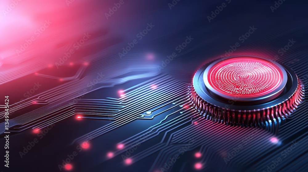 Poster illuminated cpu chip, red light signals power and processing in advanced technology