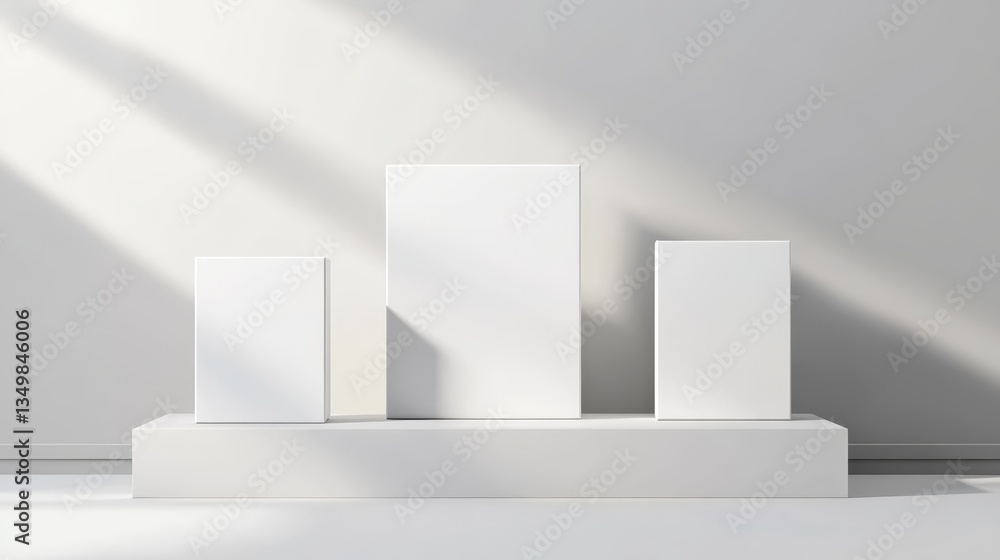 Aufkleber Minimalist display with three blank canvases on a raised platform under soft natural light in an indoor setting