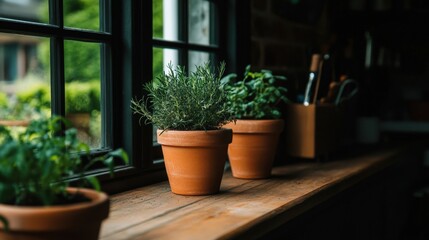 A cozy kitchen scene featuring potted herbs basking in natural light by a window, Ideal for gardening, home decor, or culinary projects, it evokes a warm, inviting atmosphere for plant enthusiasts,