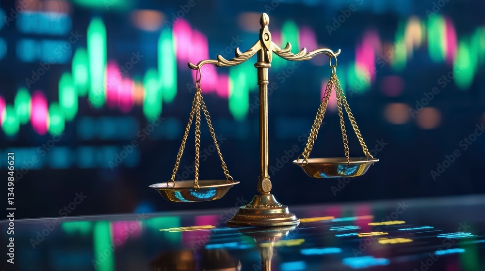 Poster justice scales on a tablet with stock market graph in background.