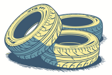50 Realistic watercolor painting, three old tires, blue and yellow hues, worn rubber texture, detailed treads, automotive still life, white background, shadows and highlights, artistic rendering, clos