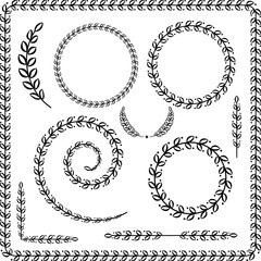 Set of 5 black and white decorative ethnic frames and borders of olive laurel branches with carved leaves. Design elements for certificates, books, labels, stickers, champion awards