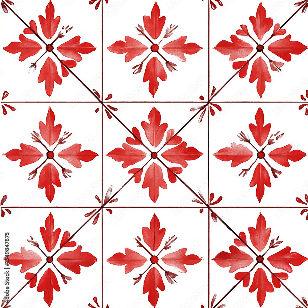 Poster vibrant illustration of red floral tiles arranged in symmetrical pattern on white background, creati