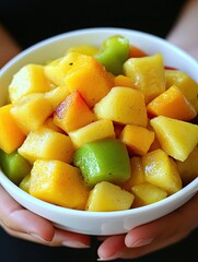 White bowl of fresh fruit salad isolated on white background.