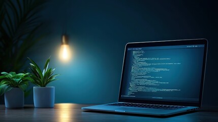 Modern workspace, laptop on warm wooden table for enhanced productivity and focus