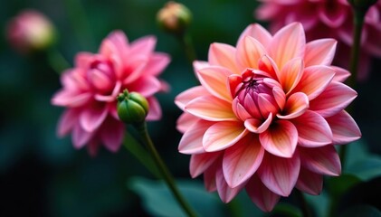 Intricate dahlia blooms, vibrant hues, lush petals , red, green