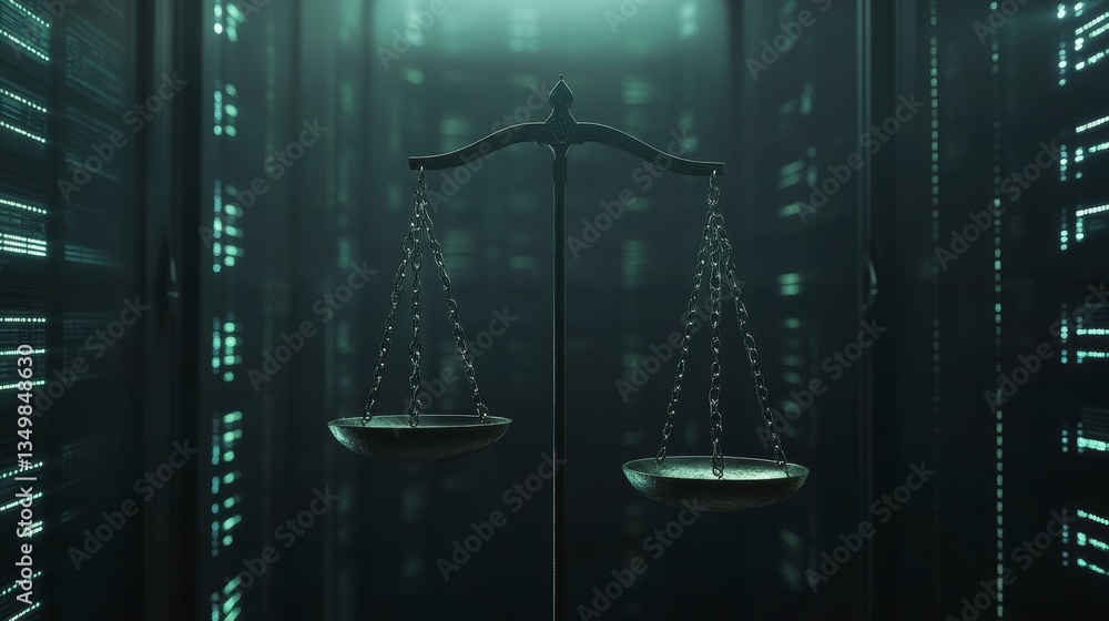 Poster Scales of justice in a digital server room, representing cybersecurity law and data privacy.