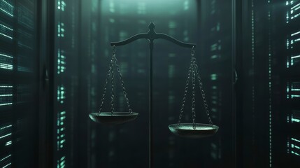 Scales of justice in a digital server room, representing cybersecurity law and data privacy.