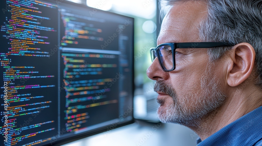 Aufkleber man with glasses focused on computer screen, absorbing information and working