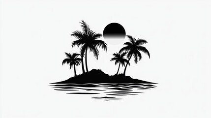 Silhouette island palm trees sun graphic design