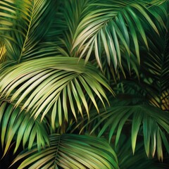 Tropical green palm fronds against a bright sky evoke summer beach vacation