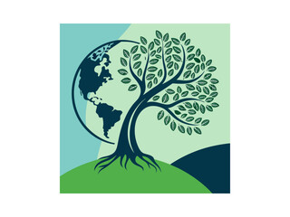 Obraz premium This stylized graphic design promotes World Environment Day with a serene, black-and-white silhouette landscape featuring a tree, a person walking, and birds in flight. Silhouette illustration celebra