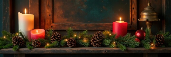 Vintage Christmas decorations on a wooden mantel including candles and pinecones, pinecones, rustic