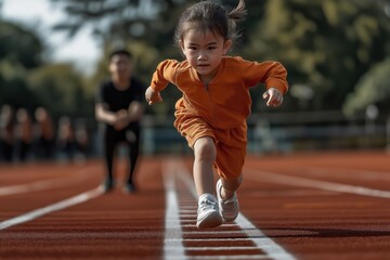 Young boy runs swiftly on track during competitive day at local sports event