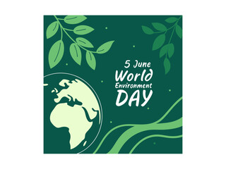 World Environment Day, graphic featuring Earth and leaves. World Environment Day. A vibrant graphic  celebrating World Environment Day on June 5th.
