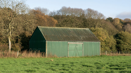 A rustic green barn stands in the middle of a vibrant green field, flanked by autumn trees. The calm afternoon light casts a warm glow, highlighting the peaceful rural landscape