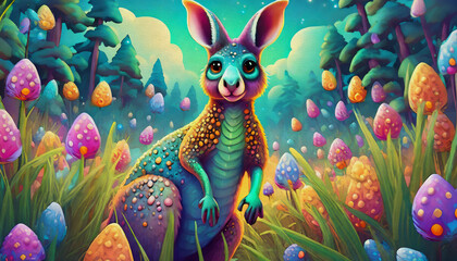 Fototapeta premium oil painting style cartoon character illustration multicolored a kangaroo standing in the middle of a field of tall grass