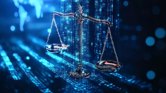 Digital scales of justice; binary code background.