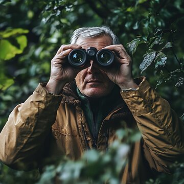 Elderly Man Birdwatching with Binoculars