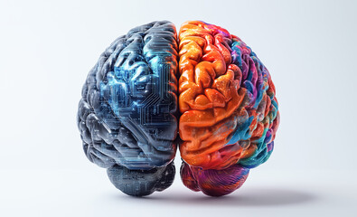 3D rendering of human brain showing the left and right hemispheres of the human brain work differently. Creativity and logical thinking structure.