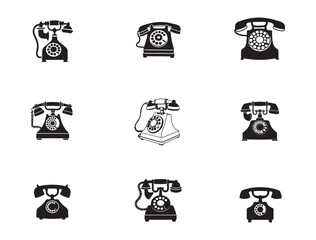 Vintage rotary telephones, black and white illustrations, retro communication devices