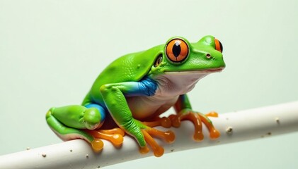 Green tree frog perched on white, vibrant color , herpetology, amphibian photography