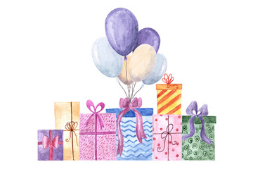 Group of hand drawn watercolor gift box in different wrapping papers and bows and balloons.Isolated aquarelle elements.