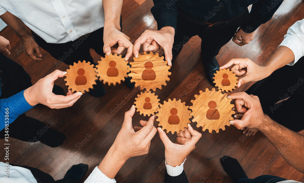 Poster a visual representation of teamwork where diverse hands grasp wooden gears, symbolizing collaboratio