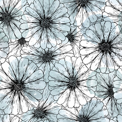 Botanical hand drawn seamless pattern made of ink pen line art daisy flowers with yellow cores,top view.Simple minimalistic floral background in vintage style on watercolor blue  spots background.