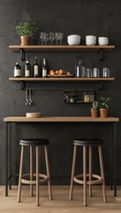 Contemporary dark kitchen with an urban loft aesthetic, combining black minimalist cabinets, textured concrete walls, and warm wooden surfaces