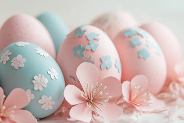Fototapeta premium Elegant Pastel Colored Easter Eggs with Delicate Brushstrokes in a Soft Holiday Spring Theme, Generative AI