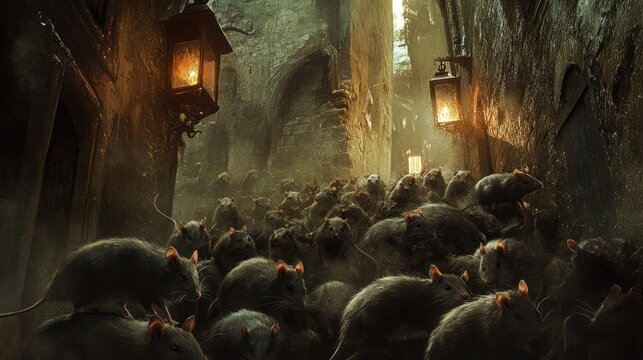 Rat infestation, dark alley, medieval city, horror, game asset