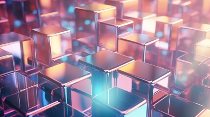3d rendering Cubic holographic geometric shapes with glossy metallic reflection background