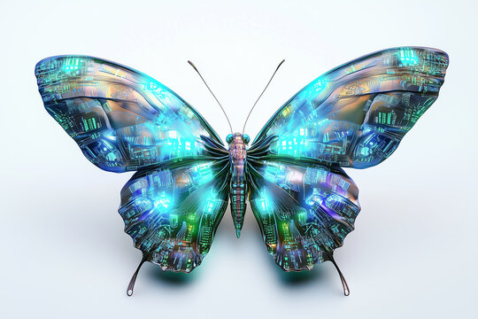 Illuminated circuit board pattern on electric robot butterfly wings. It means that in the future, nature will have to adapt to human technology.