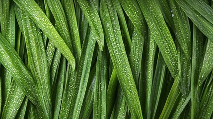Fototapeta premium Dew-covered grass blades, close-up, garden, background blurred, texture